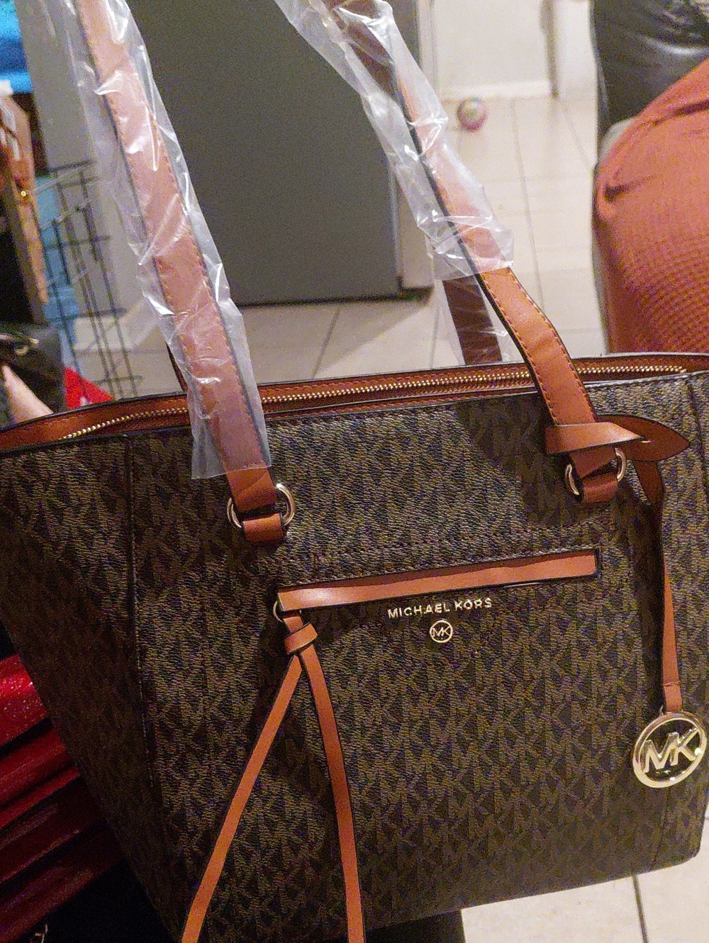 Michael Kors Brown Logo Canvas Tote with Tan Leather Trim